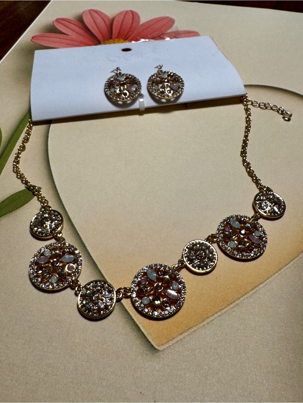 belk Gold-Tone Crystal Floral Disc Necklace with Matching Earrings
